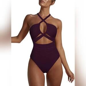 NWOT Hilor One Piece Swimsuit Cutout Halter Crossover High Cut, 14
